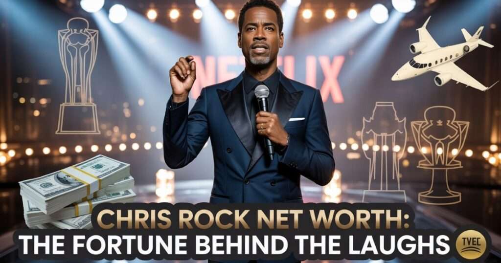 Chris Rock standing confidently on a glowing stage with luxury visuals and bold headline text reading ‘Chris Rock Net Worth: The Fortune Behind the Laughs’ — cinematic, high-contrast feature image for article about his wealth.