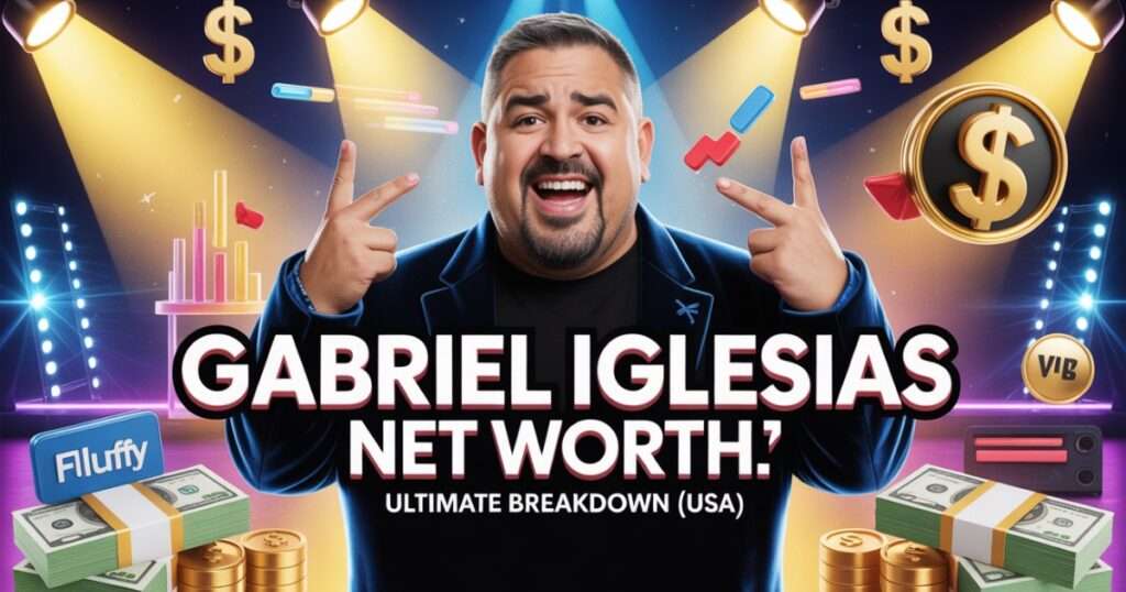 Gabriel Iglesias Net Worth: Ultimate Breakdown (USA) Eye-catching feature image of Gabriel Iglesias with bright stage lights, dollar signs, and luxury elements, featuring bold text “Gabriel Iglesias Net Worth – Ultimate Breakdown (USA)