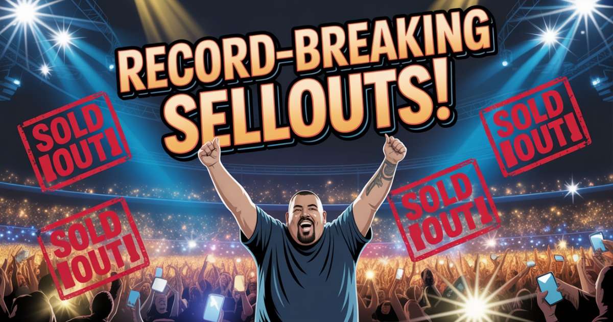 Gabriel Iglesias performing in a huge sold-out arena with bold “Record-Breaking Sellouts!” text.