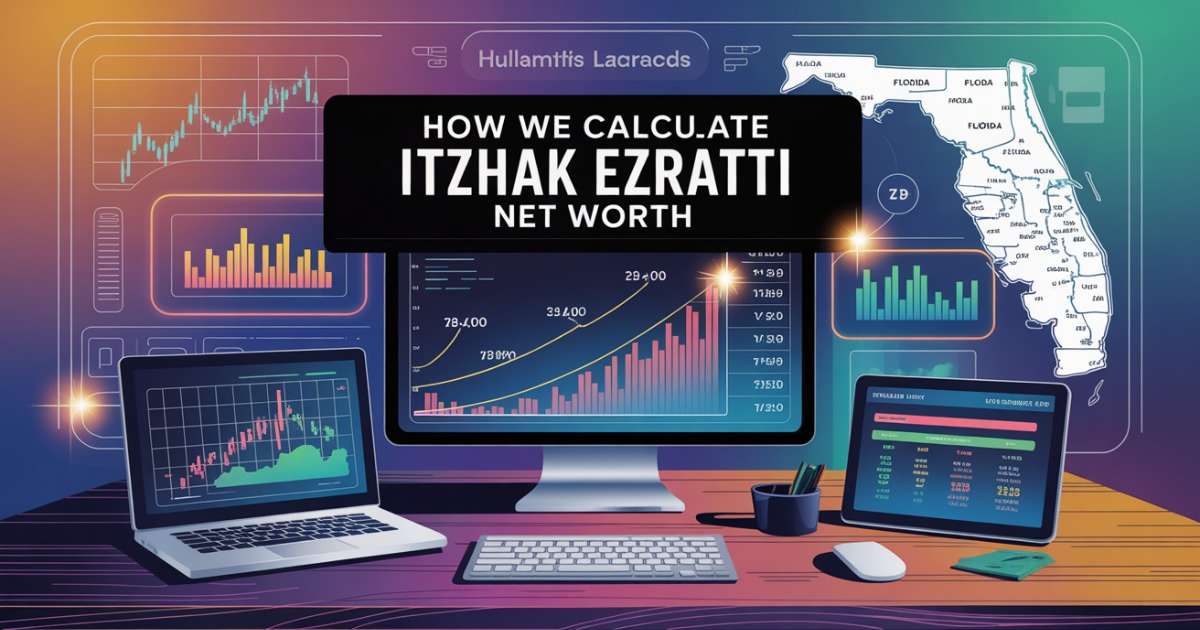 Infographic-style image showing valuation charts and Florida real estate visuals explaining how Itzhak Ezratti net worth is calculated