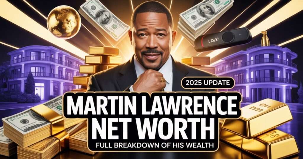Eye-catching feature image of Martin Lawrence surrounded by luxury elements like money, gold, and Beverly Hills mansions, with bold clickbait headline text about Martin Lawrence net worth.
