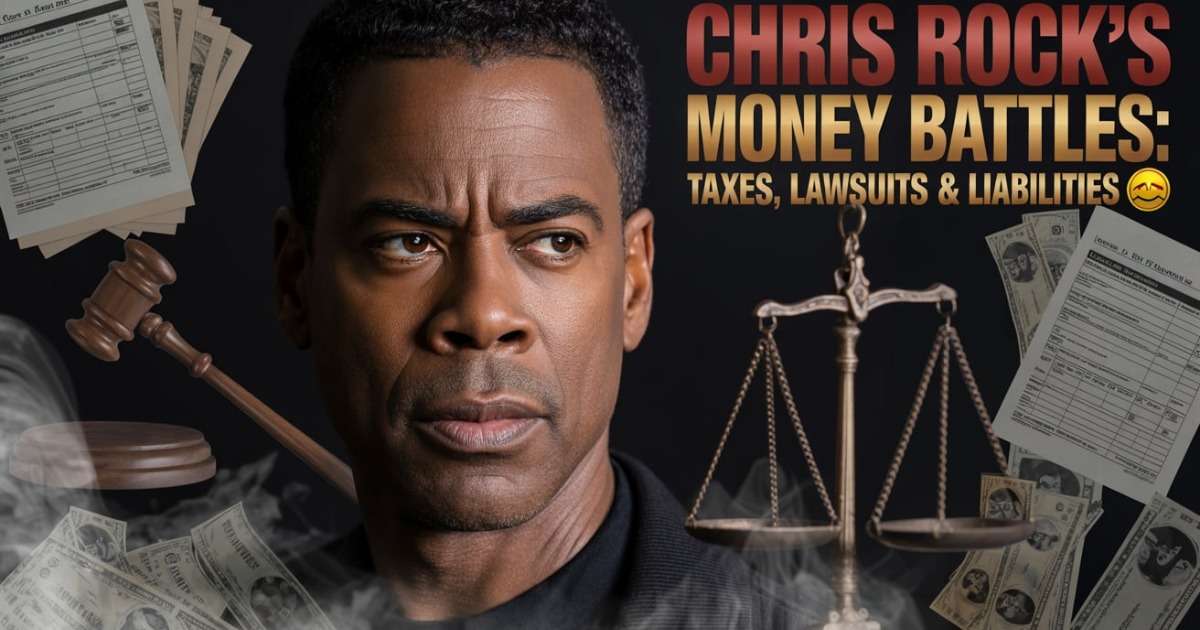 Chris Rock standing in dramatic lighting with tax forms and legal icons in the background, overlaid with text ‘Chris Rock’s Money Battles: Taxes, Lawsuits & Liabilities’ — cinematic financial controversy theme.