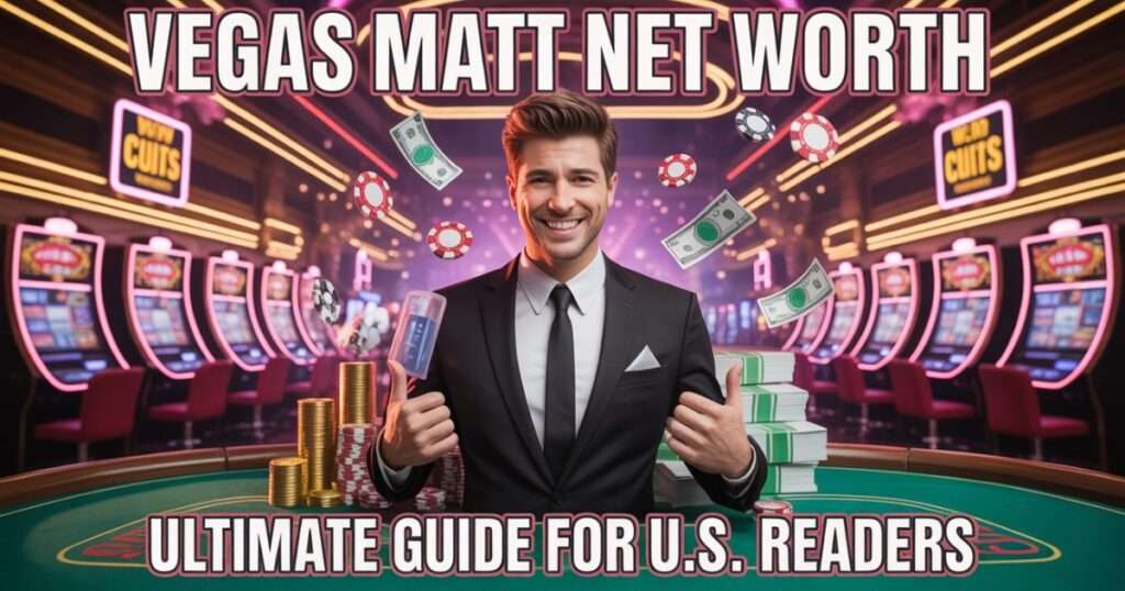 Vegas Matt Net Worth feature image showing a high-roller casino influencer in a luxury Las Vegas setting with cash, poker chips, neon lights, and bold clickbait text for the Ultimate Guide for U.S. Readers