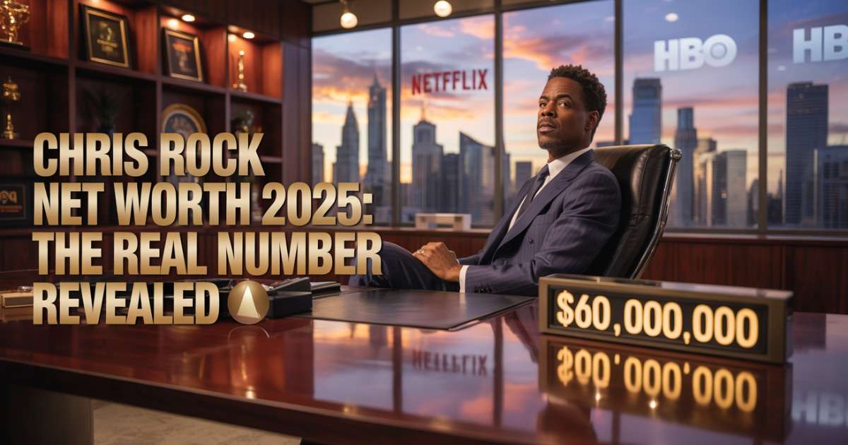 Chris Rock in a luxury office with city skyline and glowing $60 million text overlay reading ‘Chris Rock Net Worth 2025: The Real Number Revealed’ — cinematic wealth-themed image.